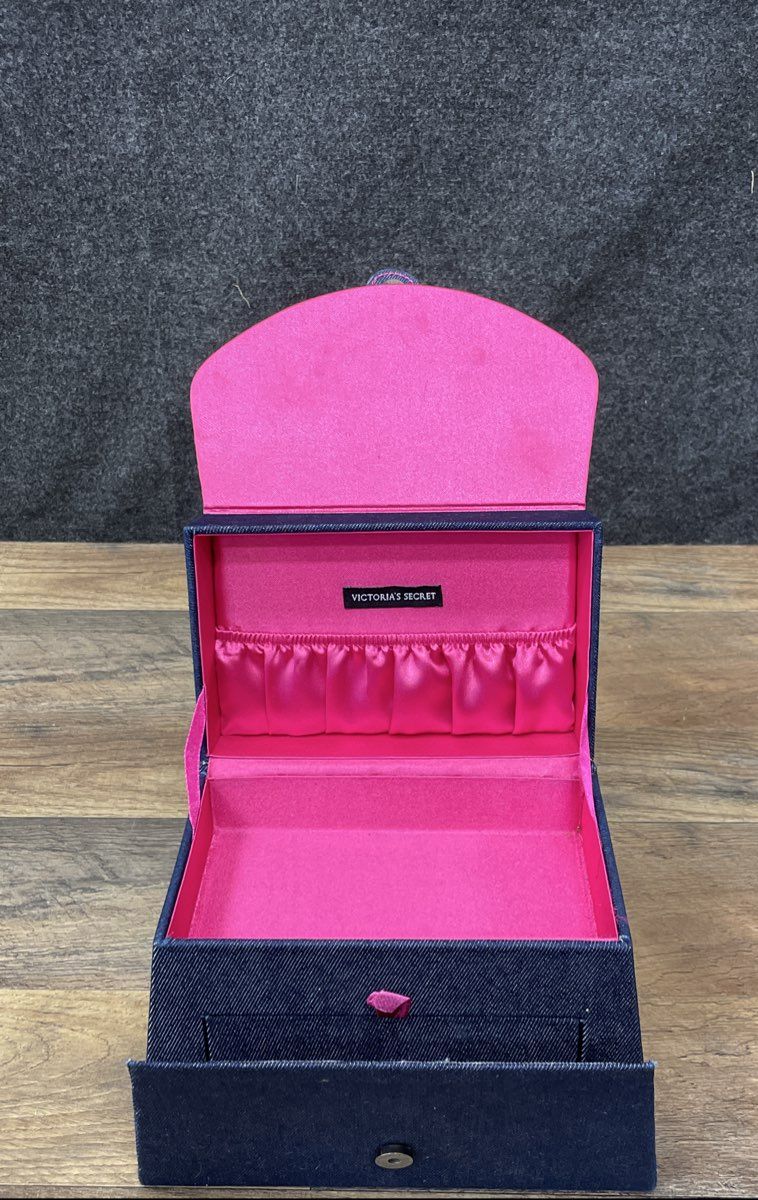 Vintage Victoria's Secret Denim Jewelry Box Travel Case Organizer Blue Pink Y2K