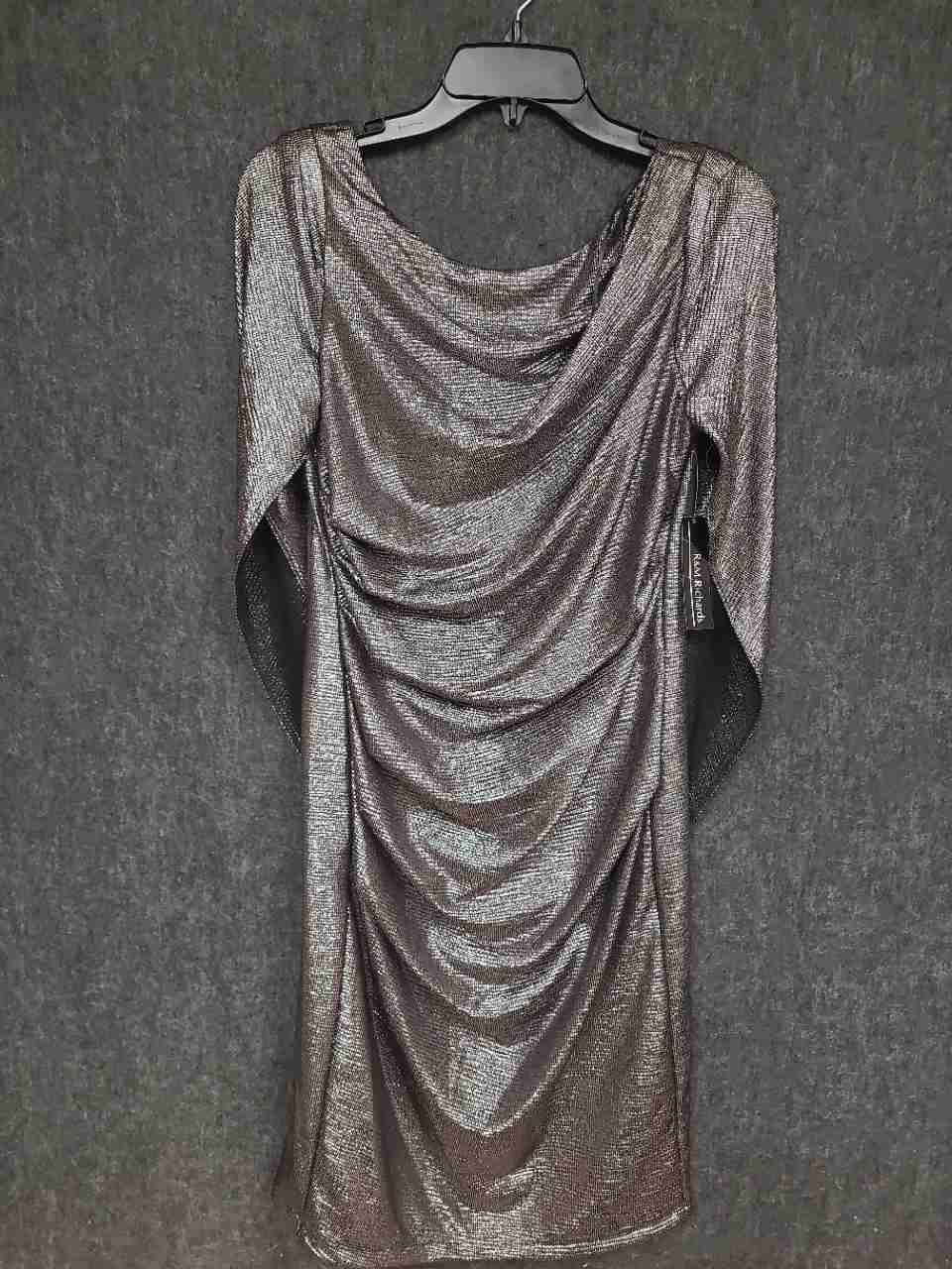 R&M Richards Women's Gunmetal Metallic Ruched Draped Back Cocktail Dress NWT 6