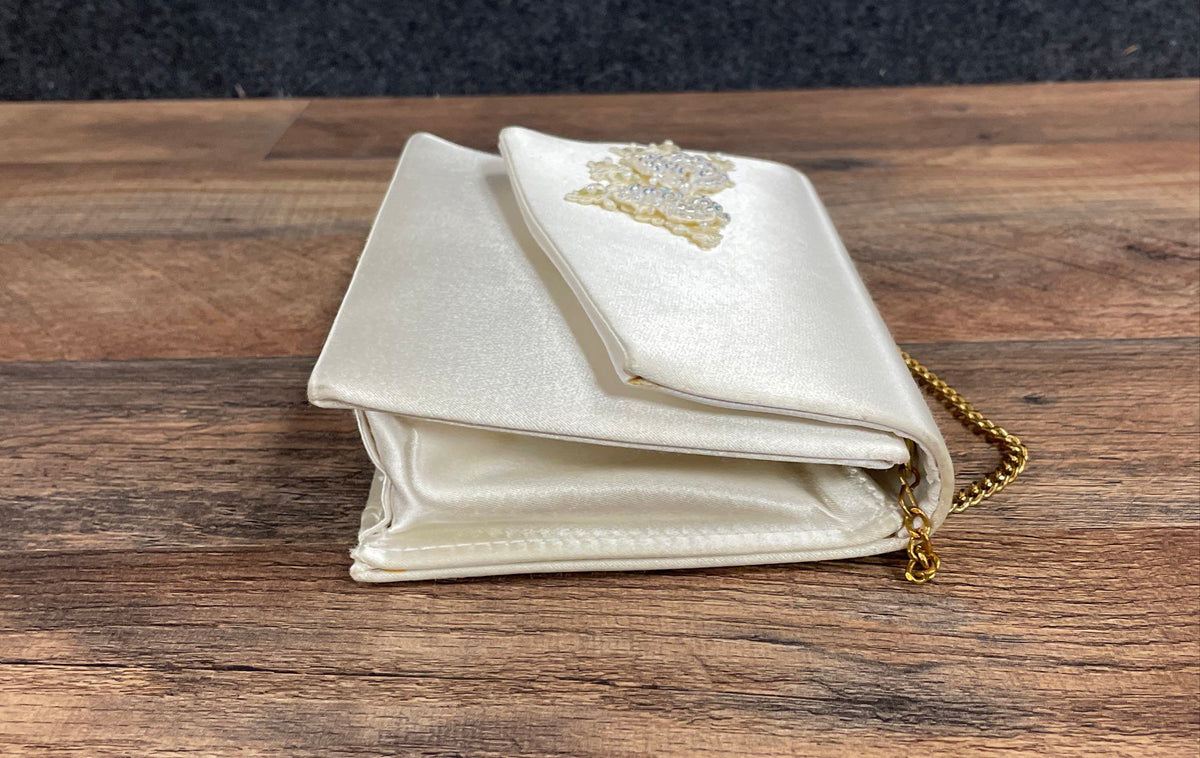 Vintage 90s Dyeables Cream Satin Beaded Lace Bow Evening Bag Clutch Gold Chain