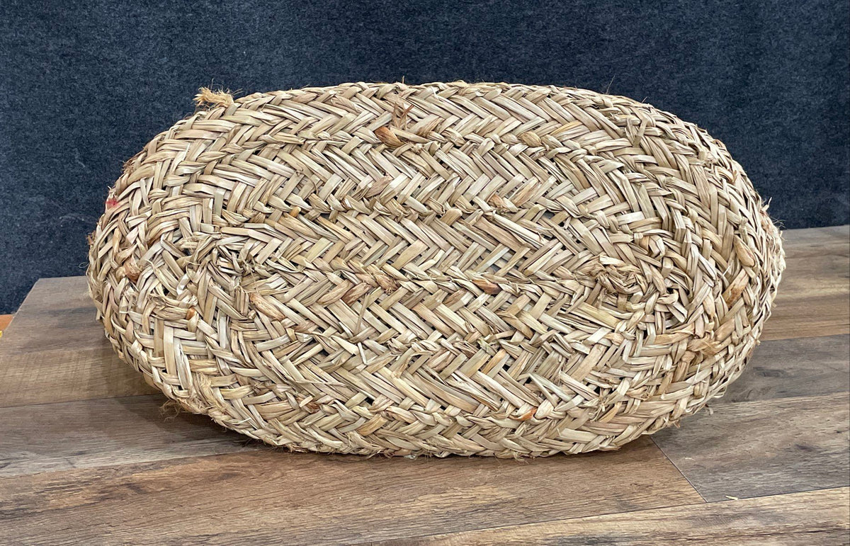 Unbranded Cream Brown Two-Tone Woven Wooden Design Straw Basket Tote Bag