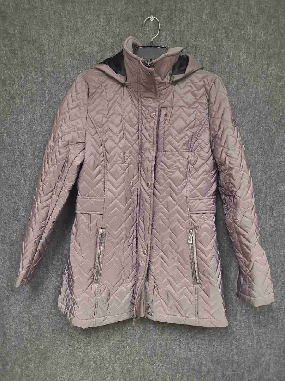 Calvin Klein Women's Mauve Chevron Quilted Hooded Satin Puffer Coat Sz M