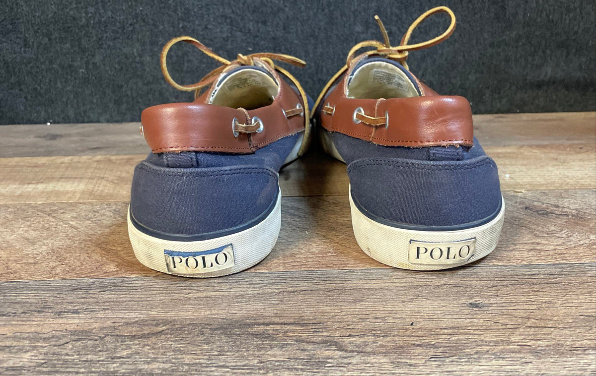 Polo Ralph Lauren Rylander Navy Blue Brown Canvas Boat Shoes Size 14D