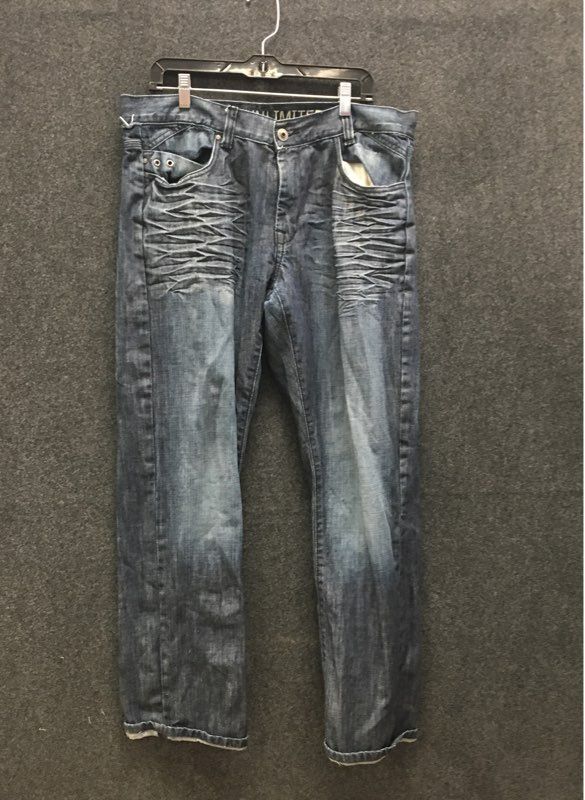 Ecko Unltd Men's Blue Slim Straight Jeans Whiskered Grommet Pocket Sz 36
