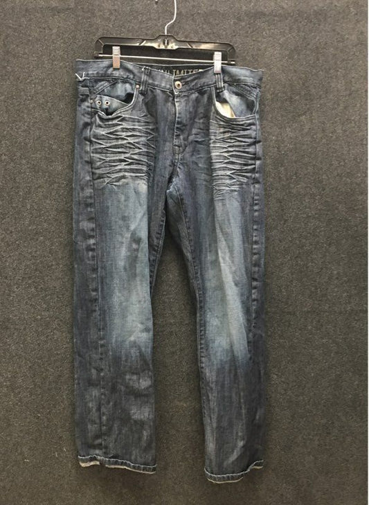 Ecko Unltd Men's Blue Slim Straight Jeans Whiskered Grommet Pocket Sz 36