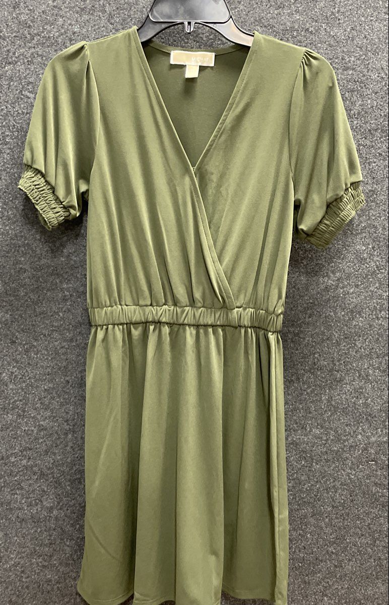 Michael Michael Kors Women's Olive Green Smocked Sleeve Surplice Dress Sz XS