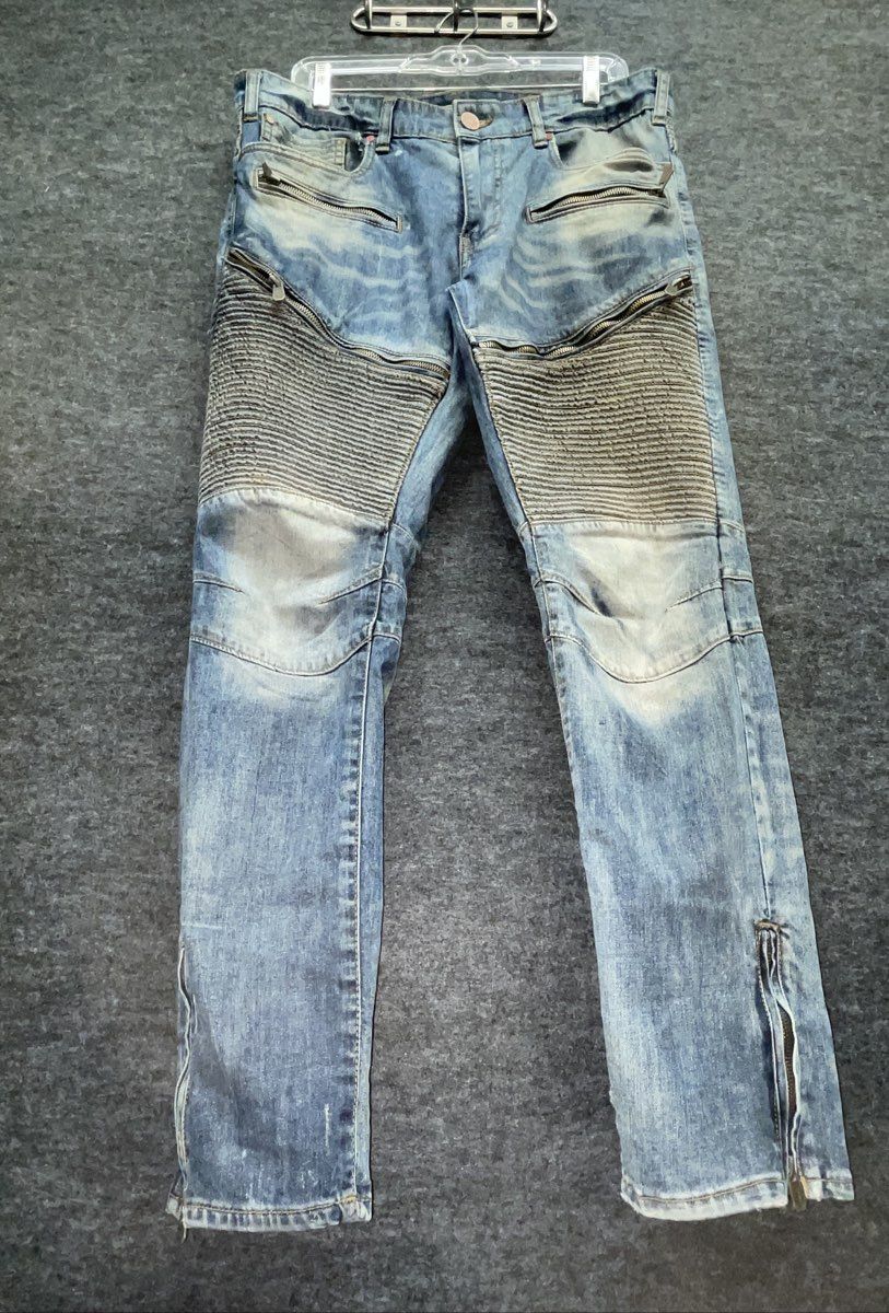 Jordan Craig Men's Legacy Edition Moto Biker Jeans Blue Distressed Zipper 34x32