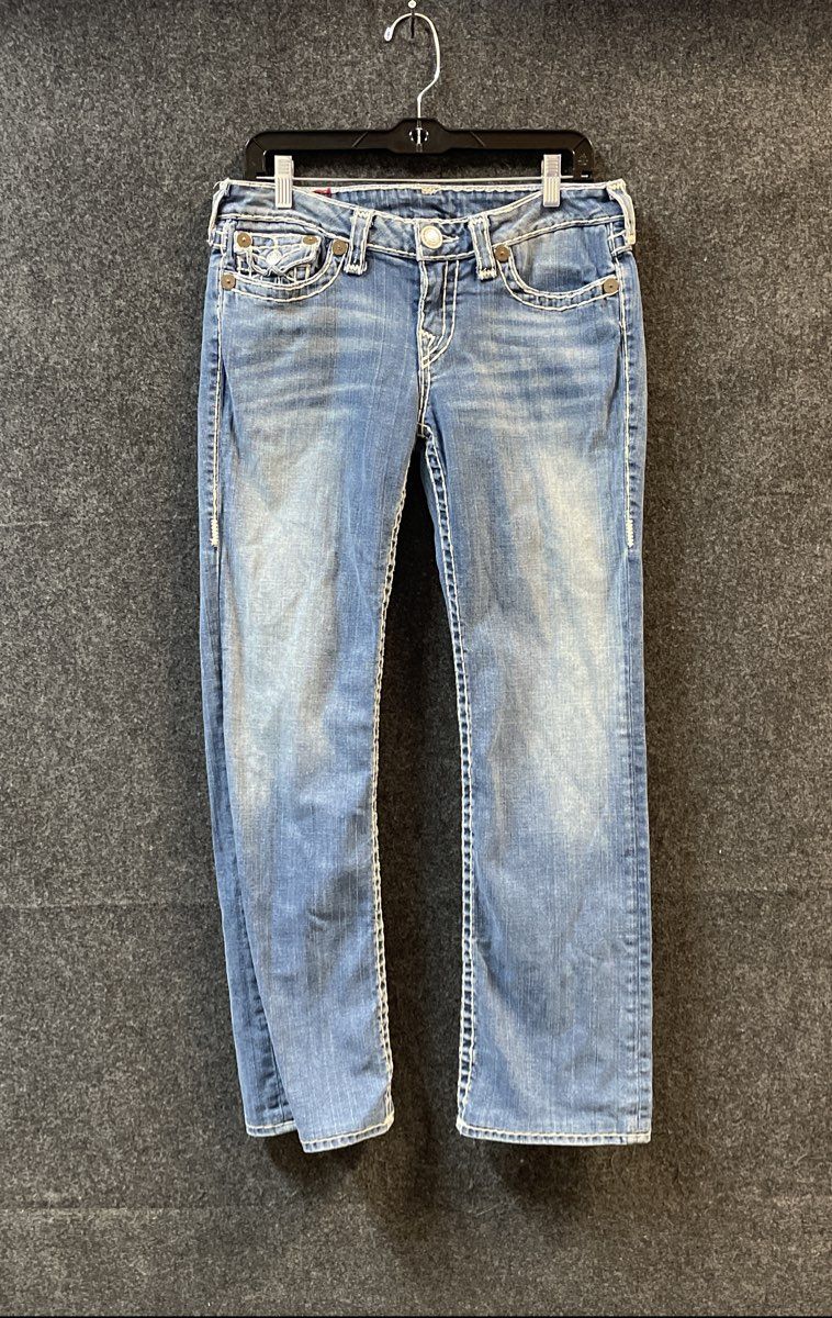True Religion Women's Blue Billy Super T Jeans White Thick Stitch Sz 32