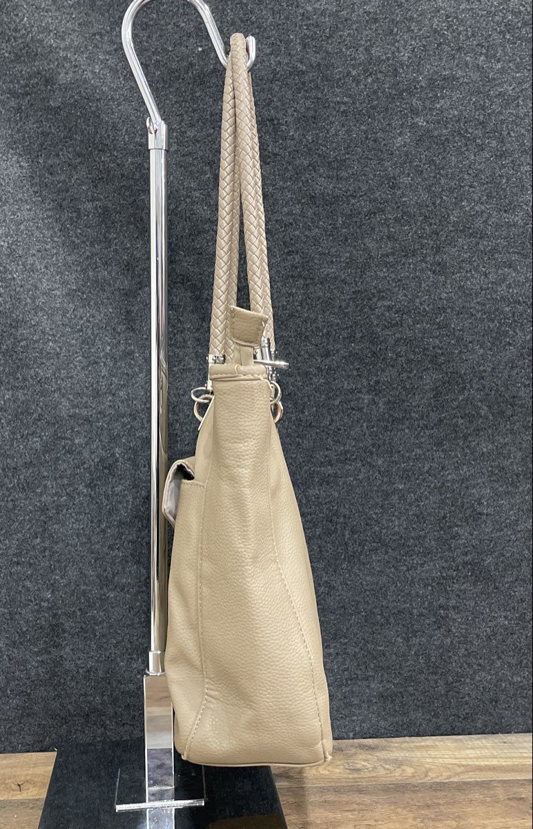 Taupe Grey Pebbled Leather Tote Shoulder Bag Braided Handles Silver Hardware