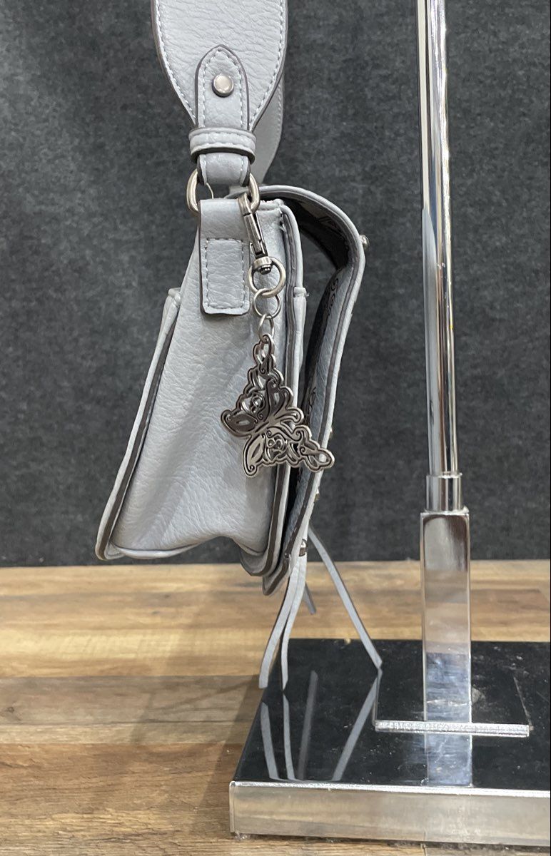 Jessica Simpson Grey Studded Faux Leather Saddle Crossbody Bag Butterfly Charm