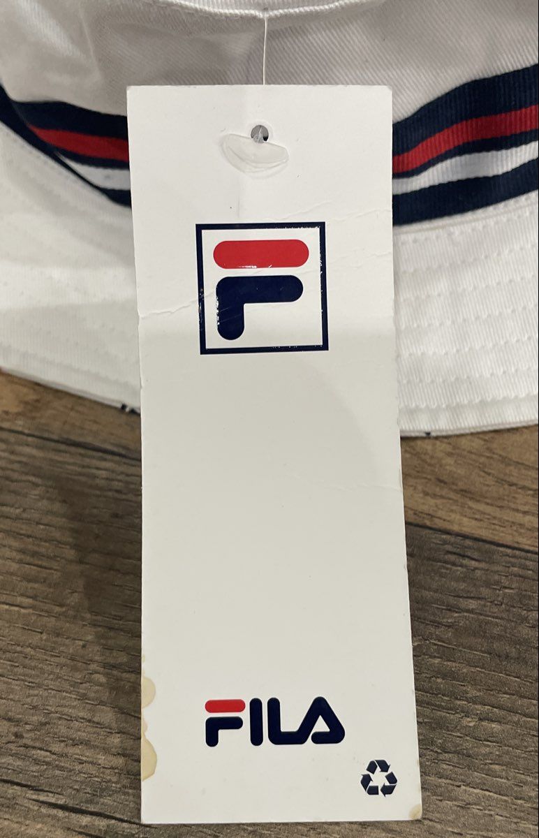 Fila Unisex White Cotton Bucket Hat Red Navy Striped Logo NWT
