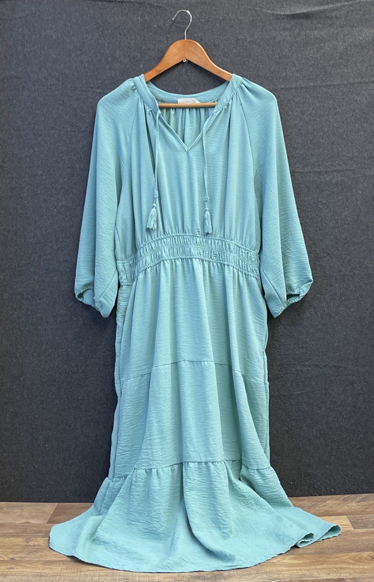 Lucky Brand Women's Aqua Blue Tiered Smocked Midi Dress Tassel Neck Sz XL