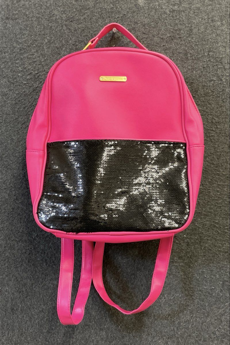 Juicy Couture Pink Faux Leather Backpack Black Sequin Gold Tone Hardware