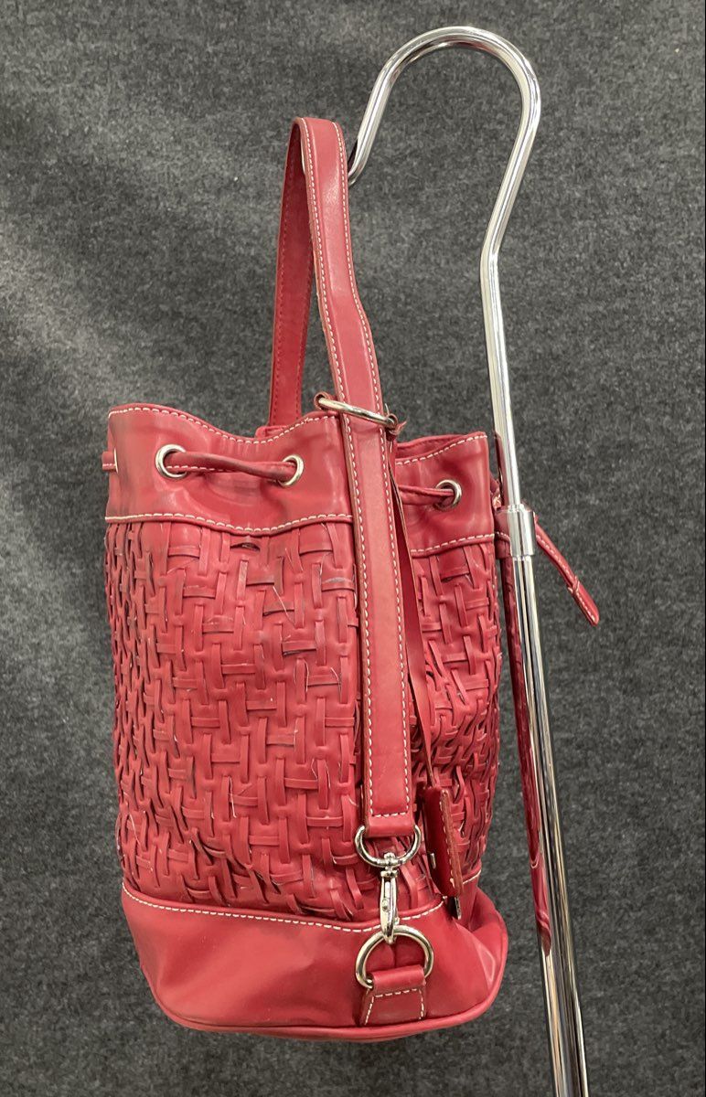 Tommy Hilfiger Red Woven Faux Leather Drawstring Bucket Bag Handbag