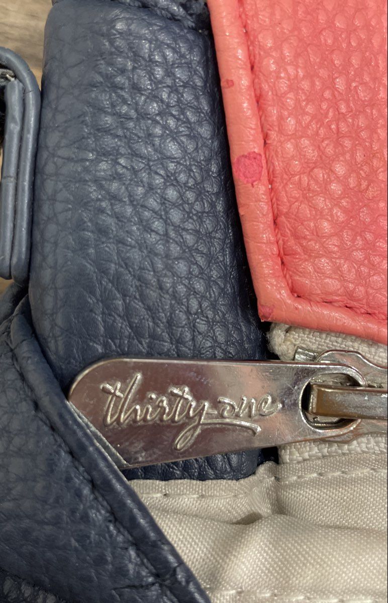 Thirty-One Navy Blue Pink Leather Embroidered Dandelion Crossbody Shoulder Bag