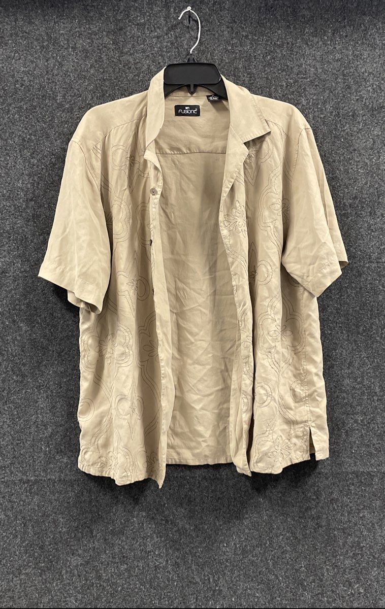 Fuslone Men's Tan Brown 100% Silk Embroidered Short Sleeve Button Down Shirt M
