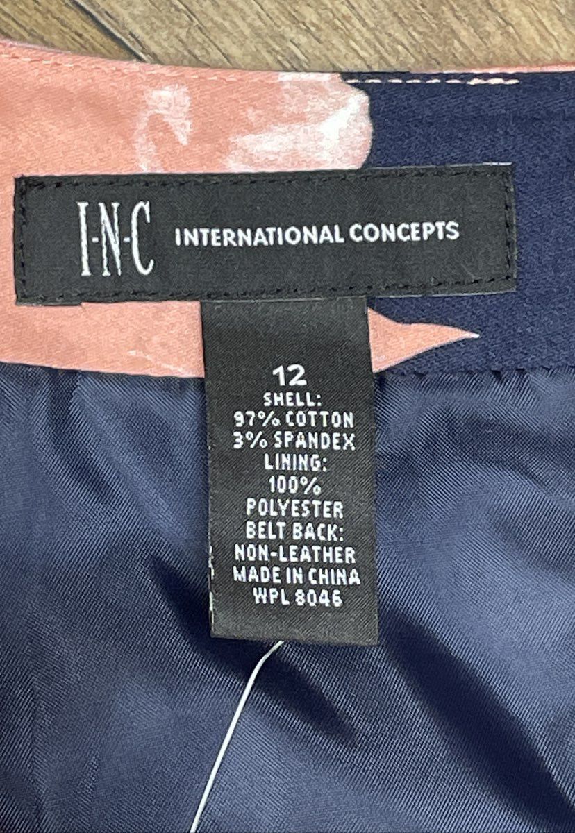 INC International Concepts Women's Pink Navy Floral Fit Flare Belted Dress Sz 4