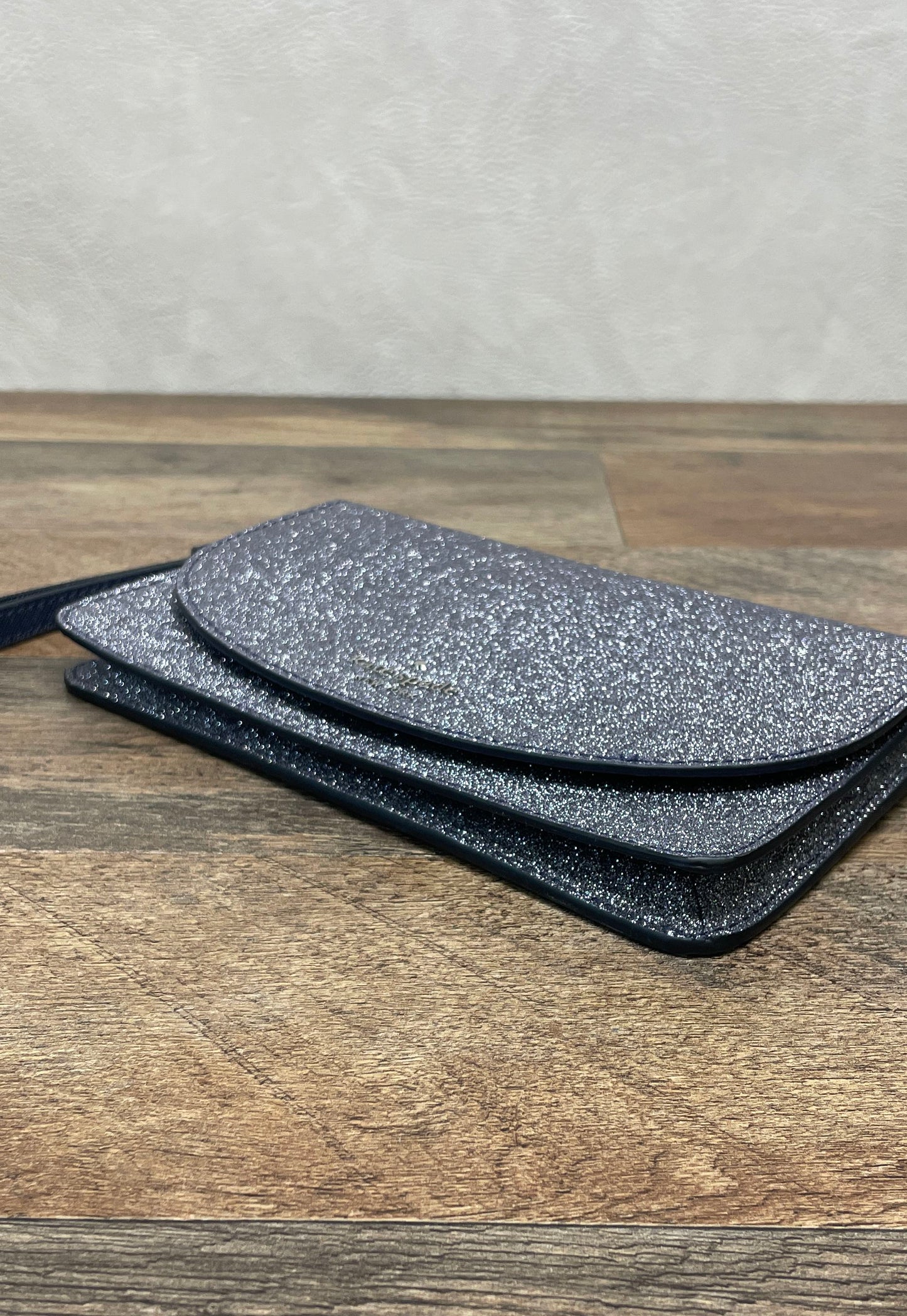 Kate Spade Silver Glitter Navy Blue Leather Trim Wristlet Clutch Bag