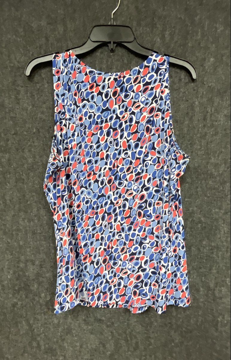 Kasper Women's Sleeveless V-Neck Top Blue Red Abstract Circle Print Blouse XL