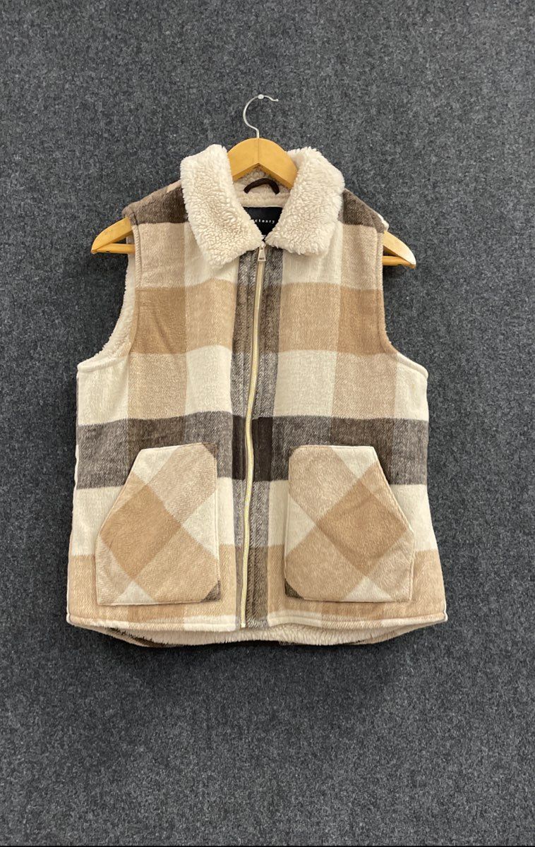Sanctuary Women's Vest Tan Brown Plaid Sherpa Lined Full Zip Sz L