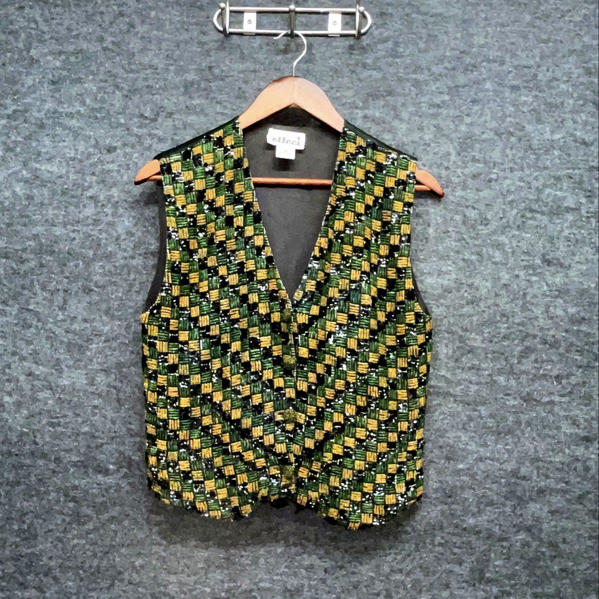 Effeci Women's Vintage 90s Beaded Sequined Checkerboard Evening Vest Sz M