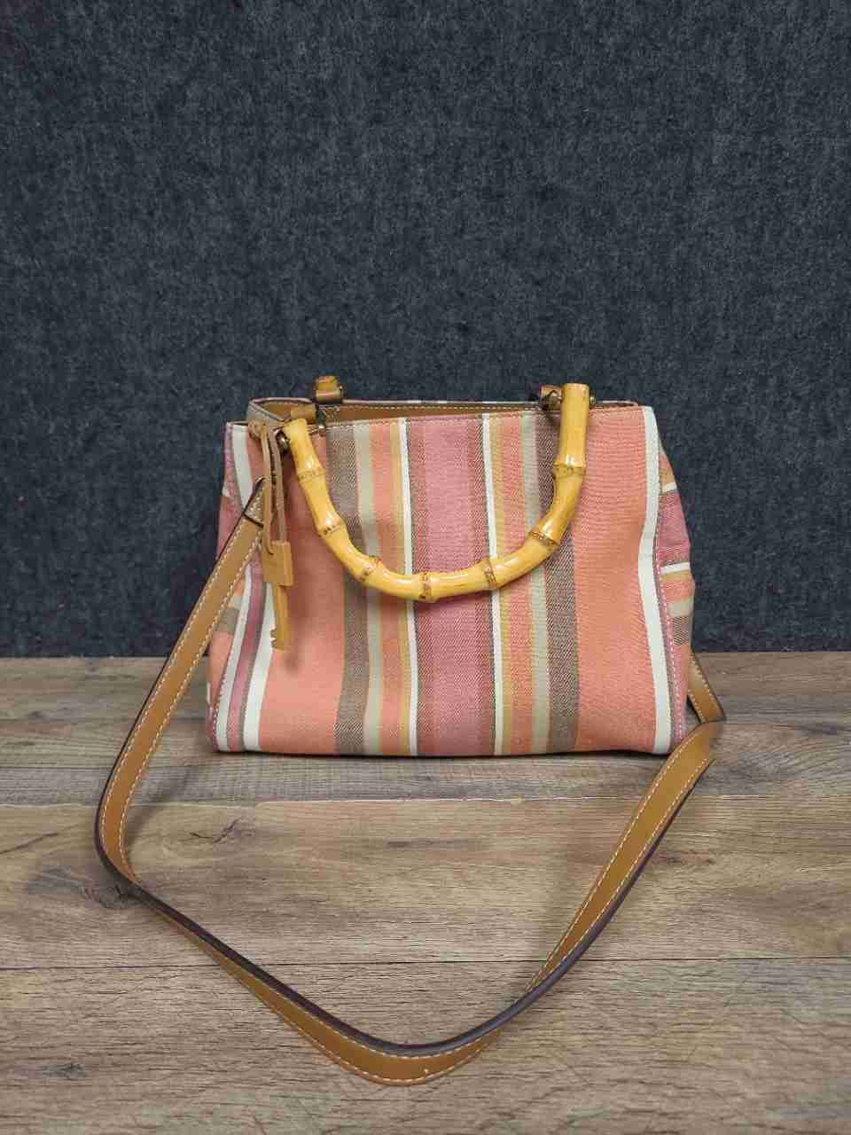 Fossil Striped Canvas Bamboo Handle Satchel Bag Pink Orange Multi-Color