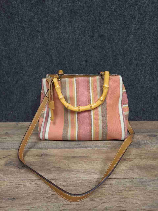 Fossil Striped Canvas Bamboo Handle Satchel Bag Pink Orange Multi-Color