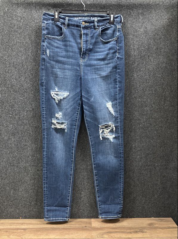 American Eagle Women's Distressed High-Rise Skinny Jeans Blue Stretch Sz 12