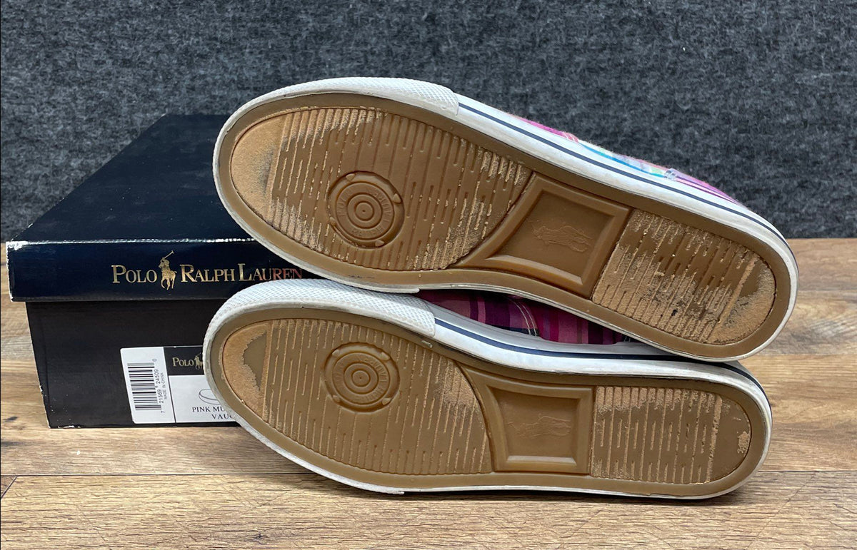 Polo Ralph Lauren Vaughn Pink Multi Plaid Canvas Sneakers Size 5.5 Junior