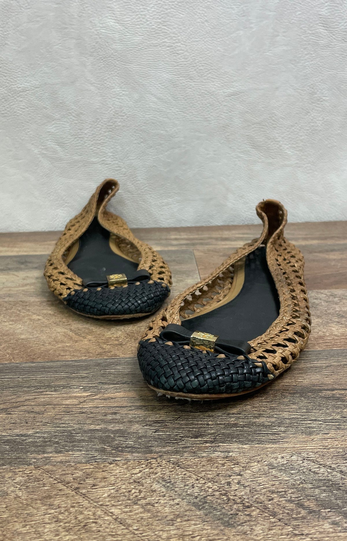 Tory Burch Tan Black Woven Leather Cap Toe Bow Ballet Flats Size 10M