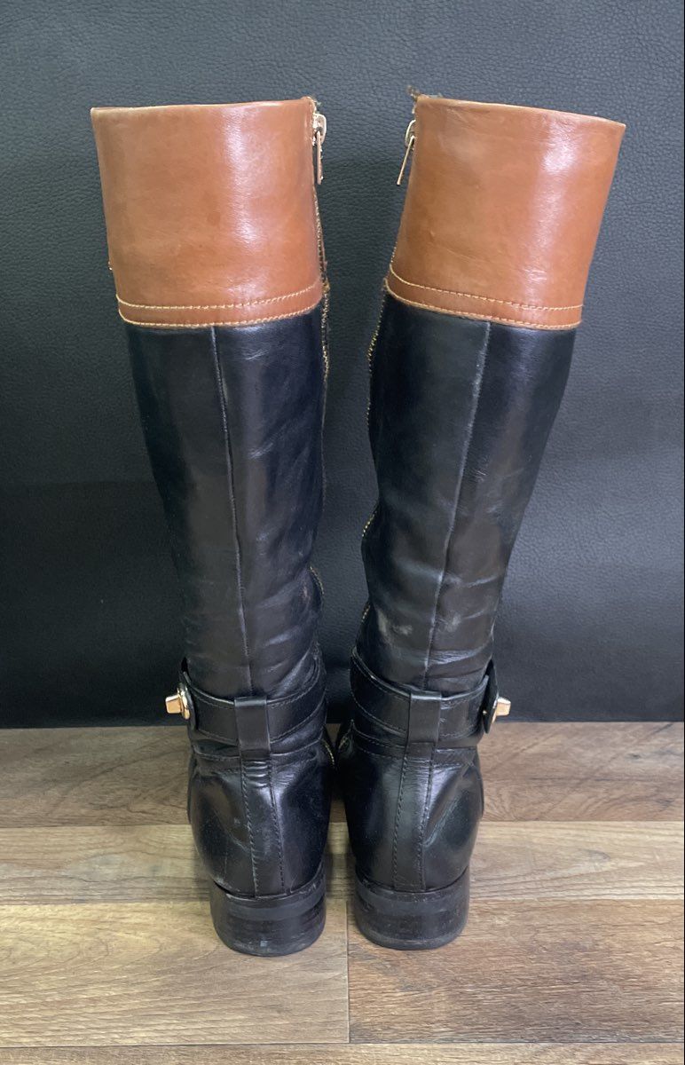 Coach Eva Extended Calf Black Tan Leather Riding Boots Women's Size 6.5B