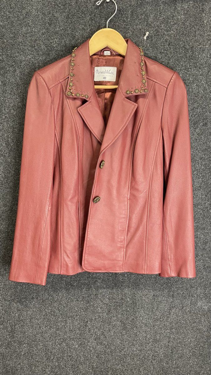 Pamela McCoy Women's Red Studded Beaded Leather Coat Jacket Sz XS