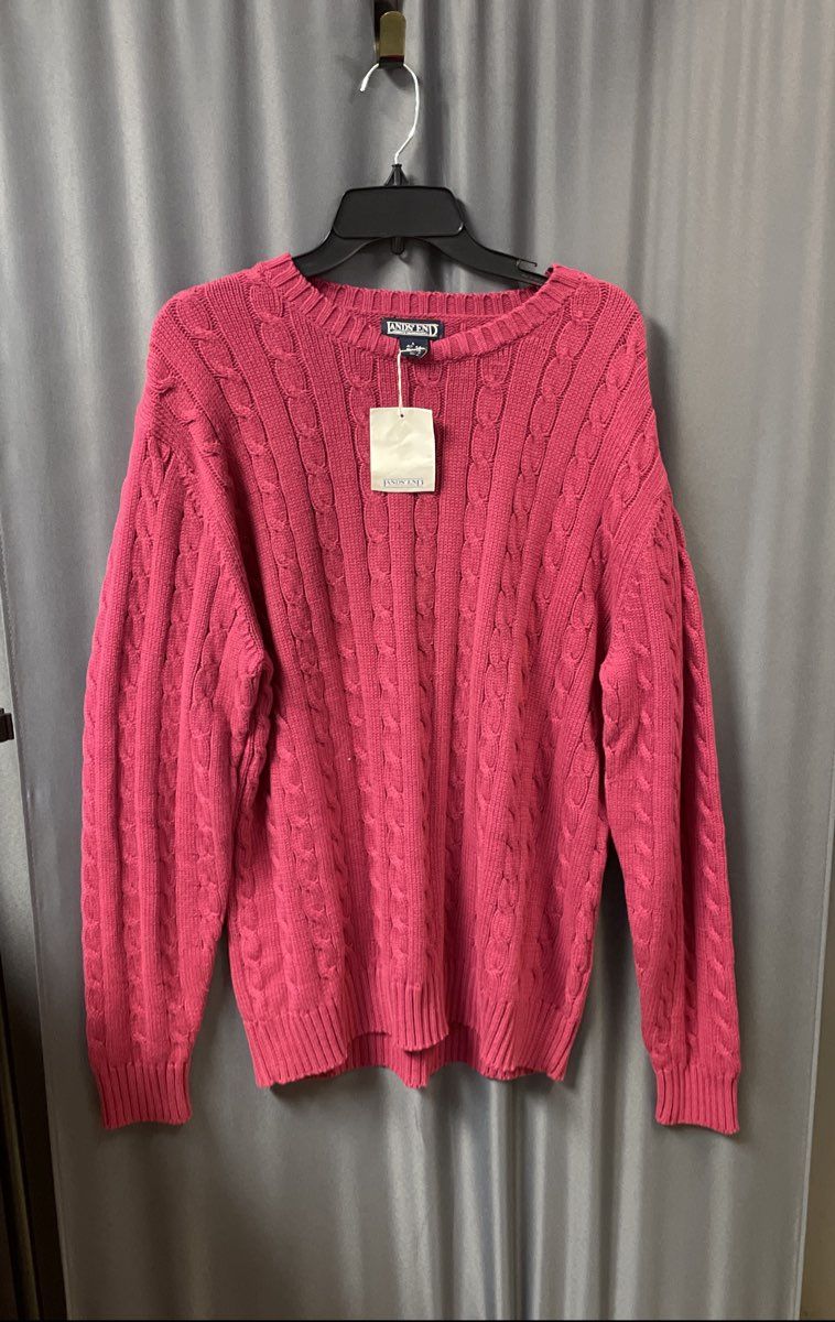 Land's End Men's Pink 100% Cotton Cable Knit Sweater Regular Sz L 42-44 NWT