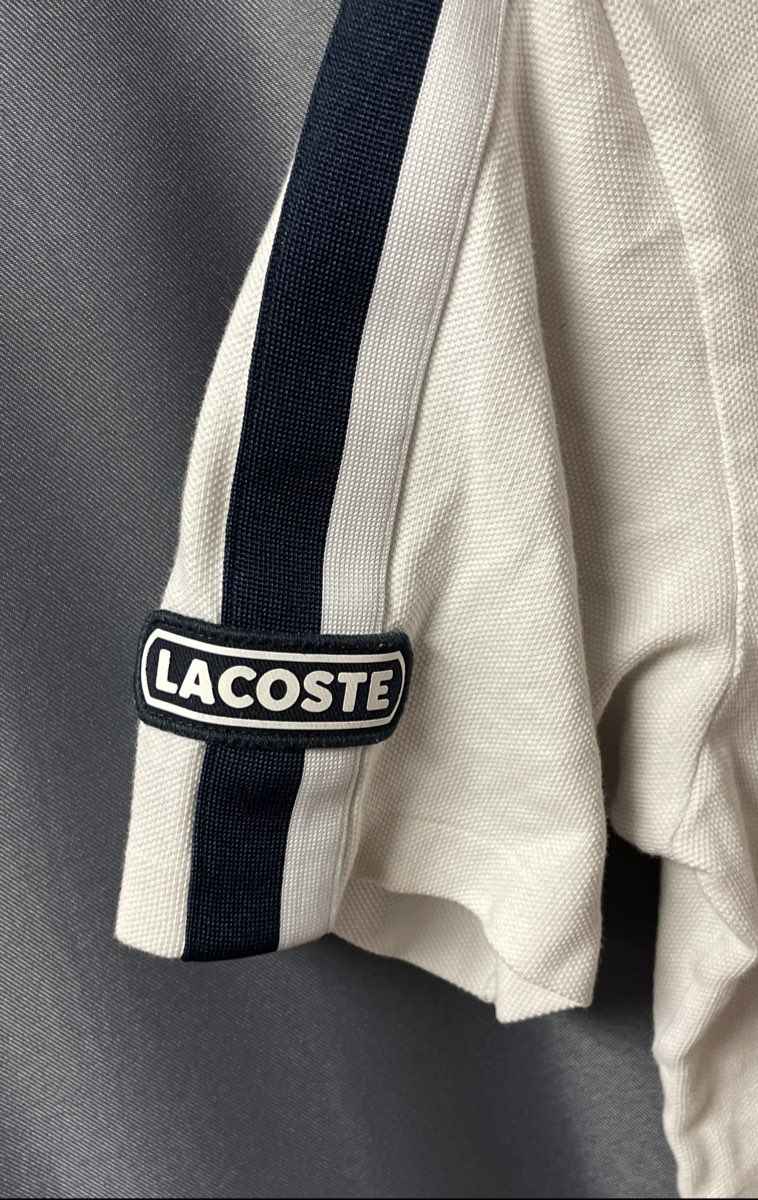 Lacoste Boys White Cotton Pique Polo Shirt Navy Blue Shoulder Stripe Logo Sz 14