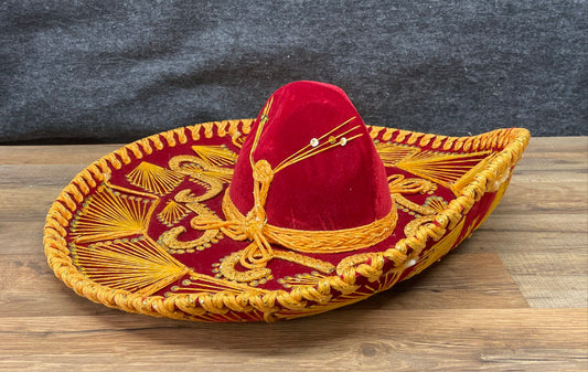 Belri Hats Red Gold Embroidered Sequin Velvet Mariachi Charro Sombrero Hat