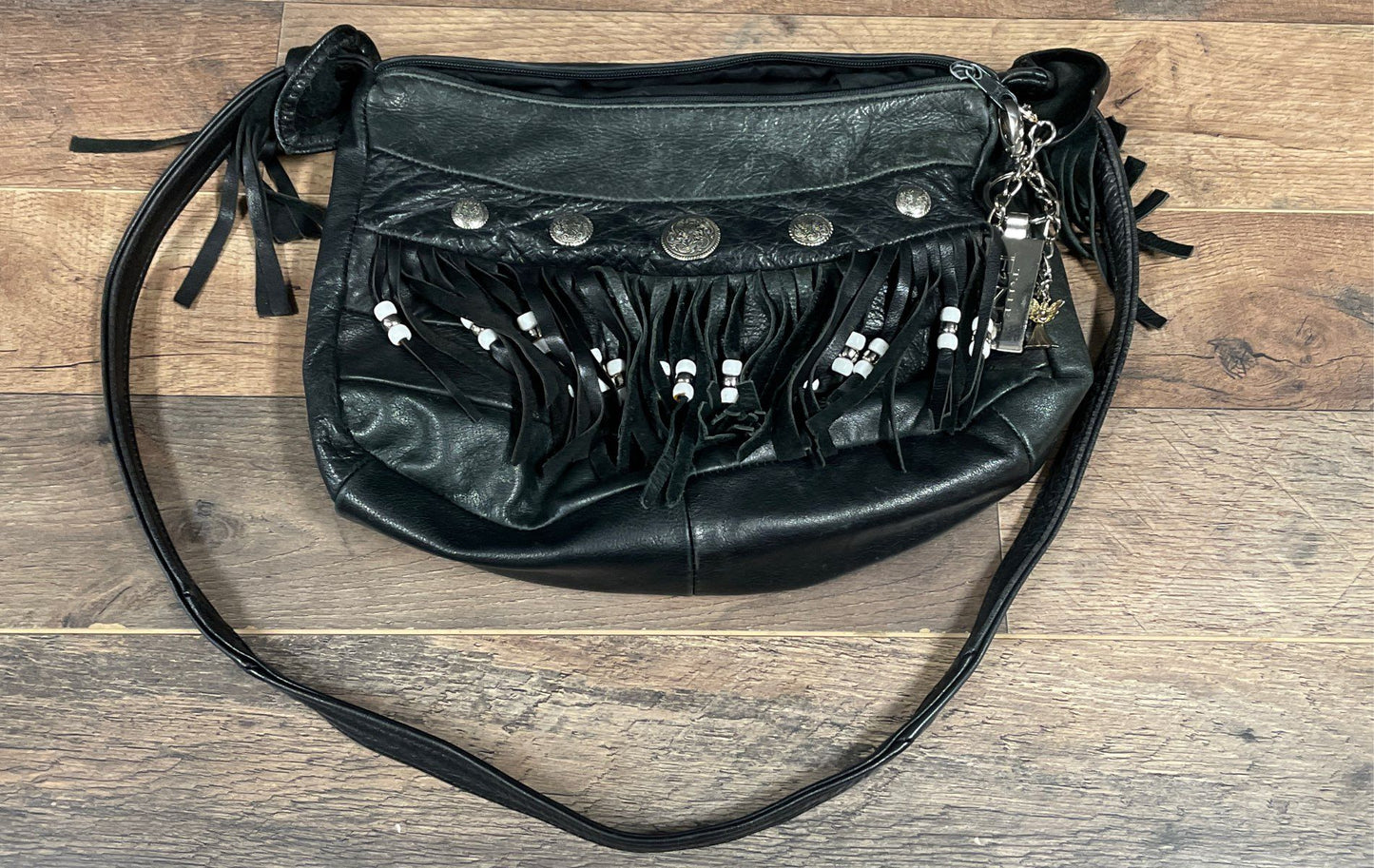 Vintage Black Leather Western Fringe Crossbody Bag Beads Conchos Made in Mexico