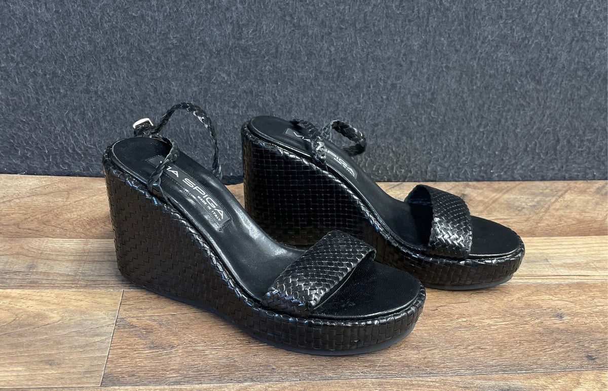 Via Spiga Black Woven Leather Ankle Strap Platform Wedge Sandals Size 8.5 M
