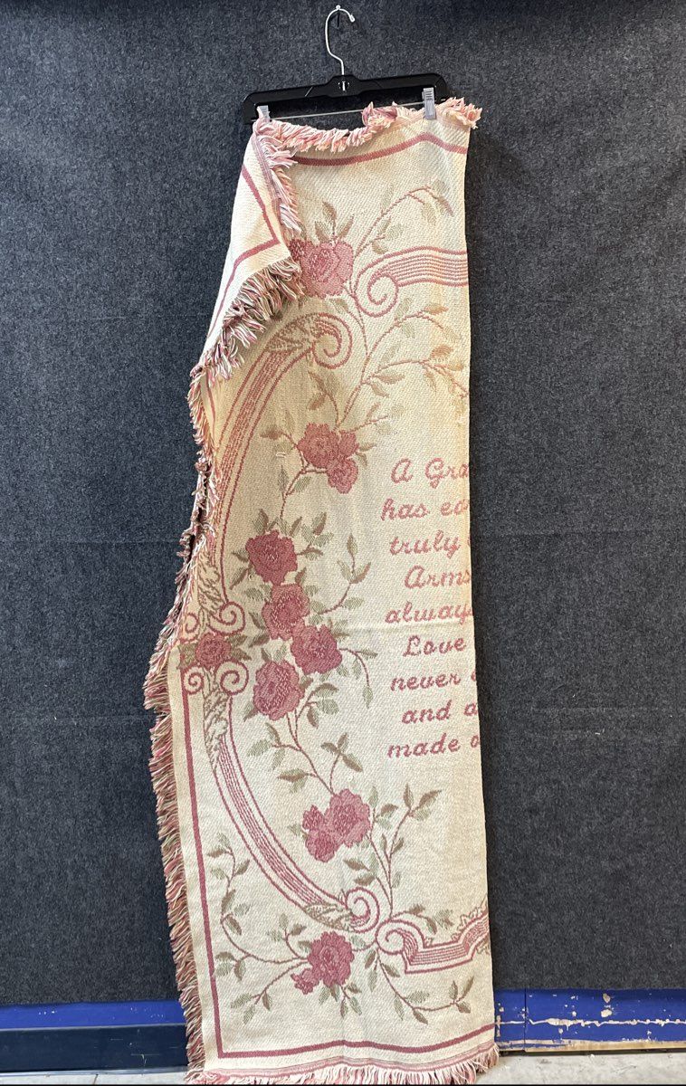 Vintage Grandma Tapestry Throw Blanket Woven Fringe Floral Rose Verse Pink