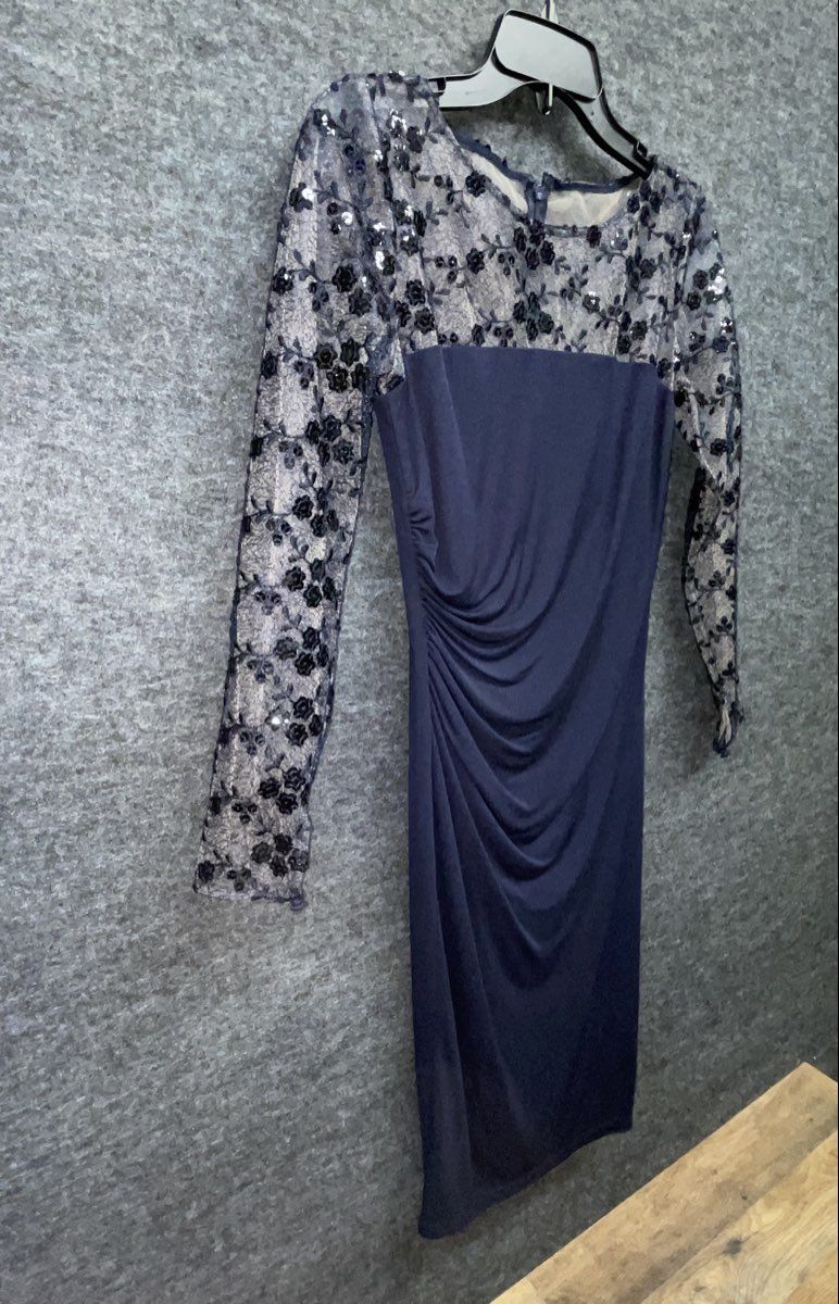 David Meister Navy Blue Floral Sequined Lace Top Ruched Sheath Dress Size 2