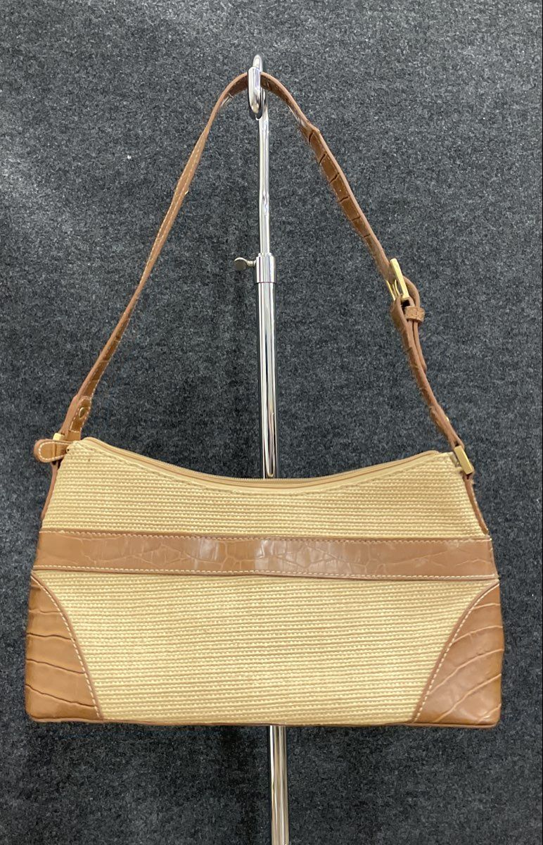 Etienne Aigner Tan Woven Straw Brown Croc Leather Shoulder Bag Small