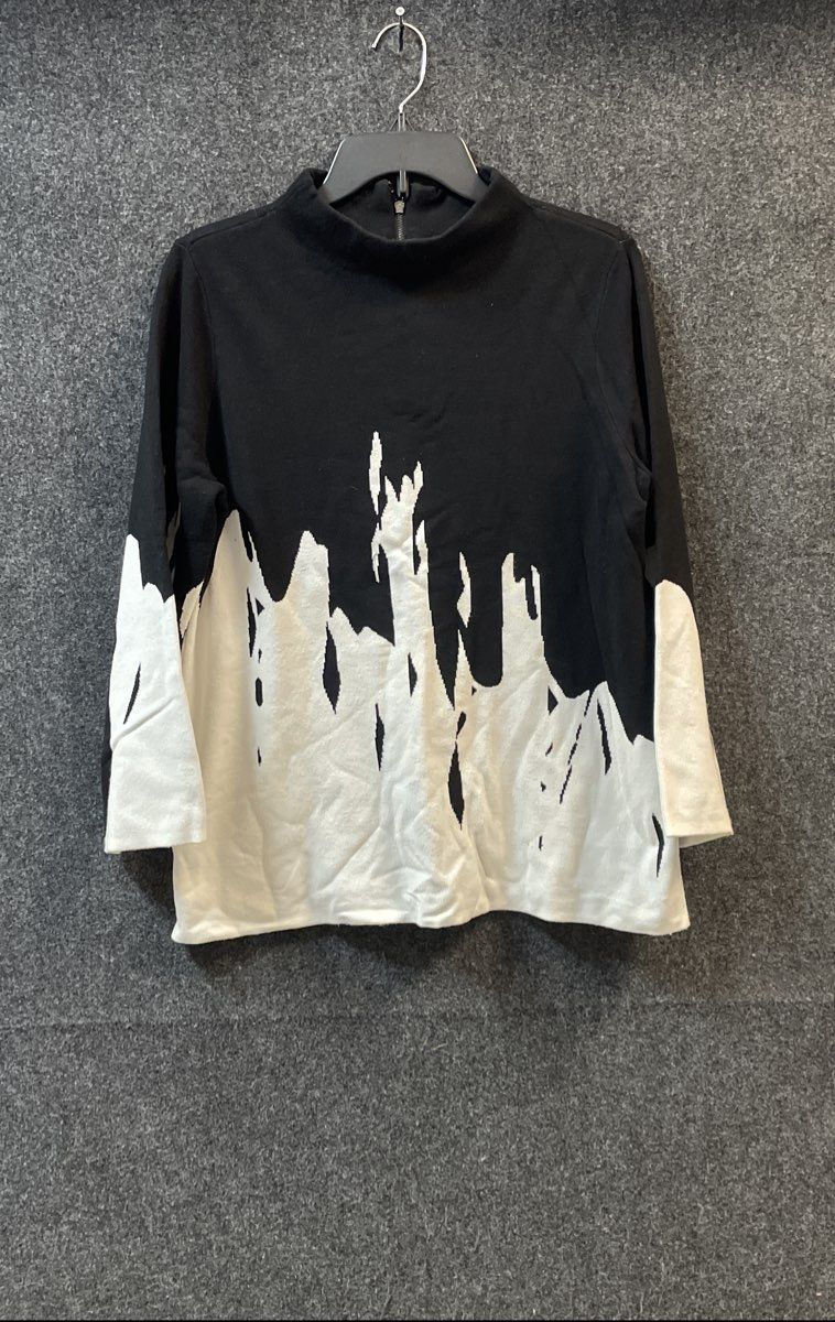 Chico's Women's Black White Graphic Abstract Mock Neck Zip Back Sweater Sz 2