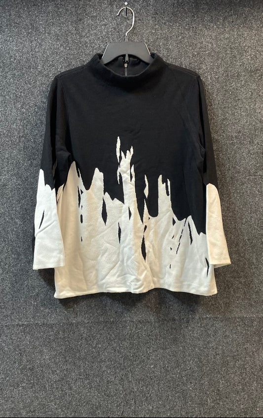Chico's Women's Black White Graphic Abstract Mock Neck Zip Back Sweater Sz 2