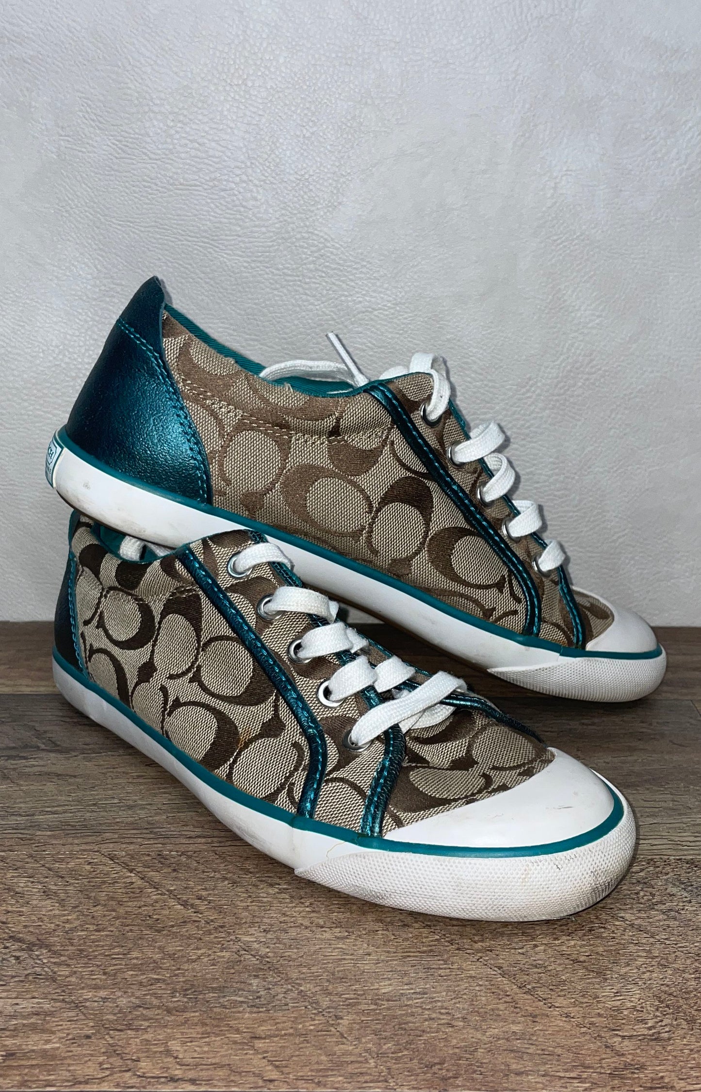 Coach Barrett Signature Khaki Teal Women's Low Top Sneakers Size 8B