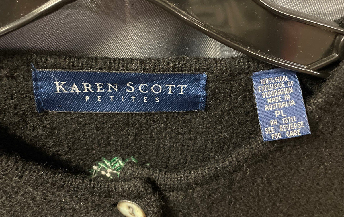 Karen Scott Petites Women's Black Wool Holiday Embroidered Cardigan Sz PL