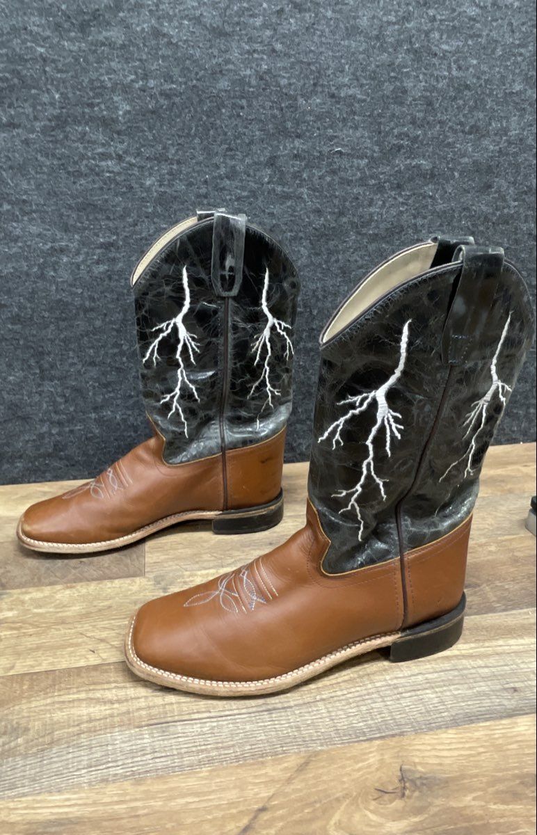Western Lightning Bolt Square Toe Cowboy Boots Black Brown Leather Size 6D