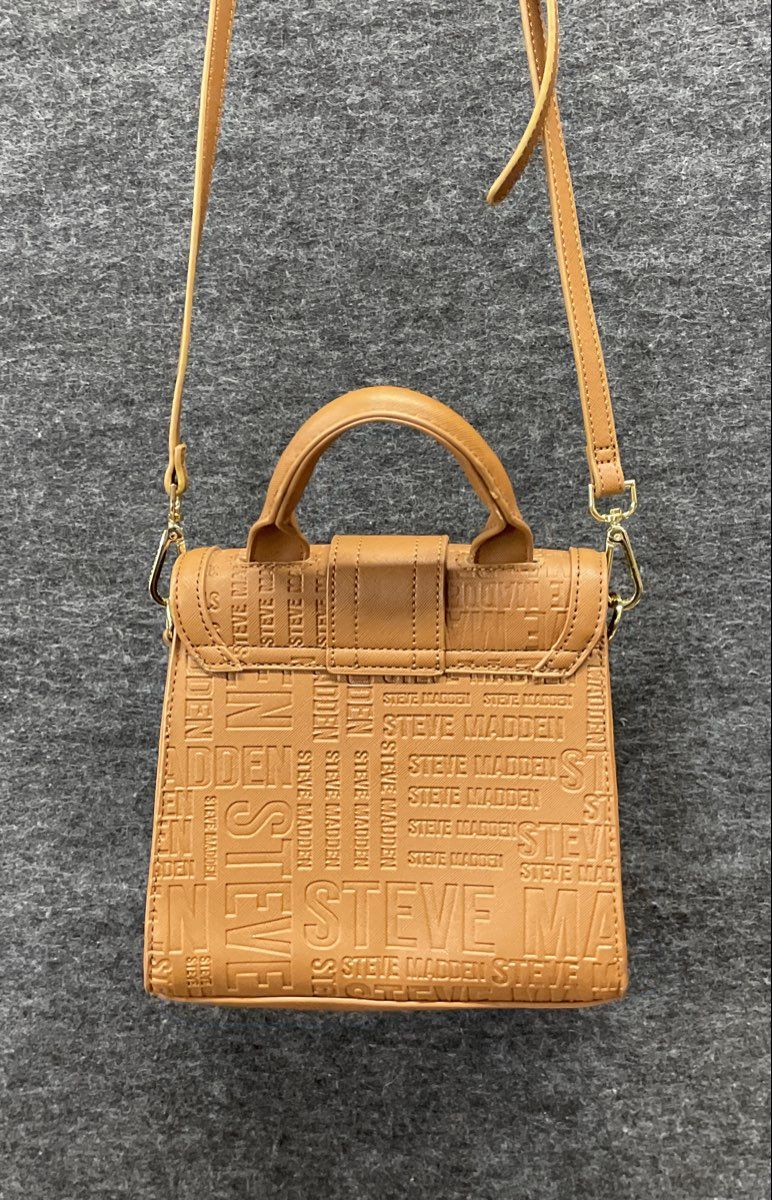 Steve Madden Tan Logo Embossed Saffiano Satchel Crossbody Bag Gold Hardware