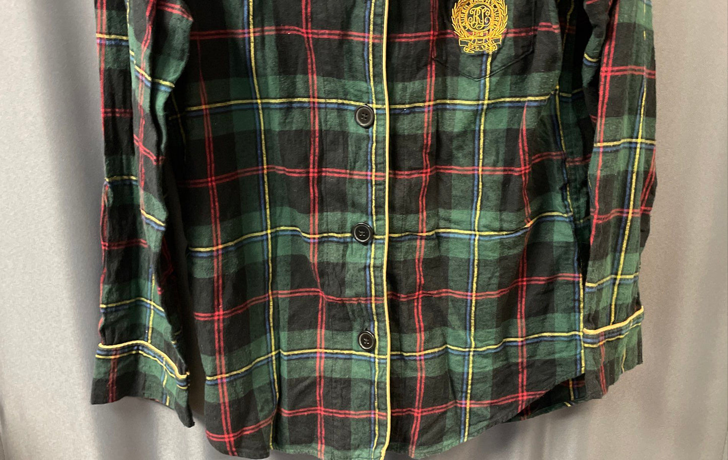Lauren Ralph Lauren Women's Green Plaid Cotton Pajama Set Crest Sz S