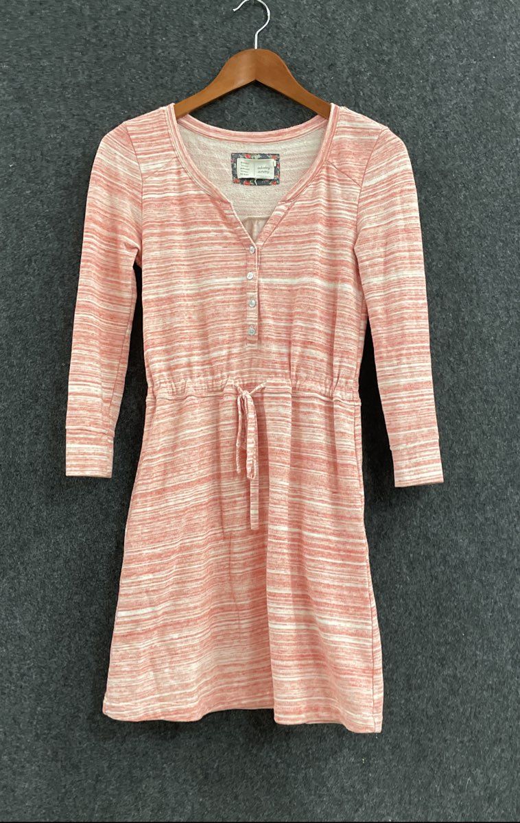 Saturday Sunday Women's Dress Pink White Striped Henley Drawstring Waist Sz XS