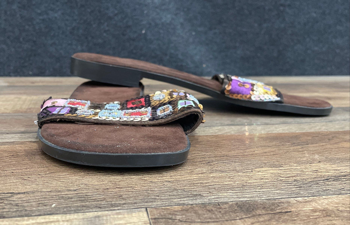 Amanda Smith Bohemian Brown Multi Beaded Flat Slides Sandals Size 11M
