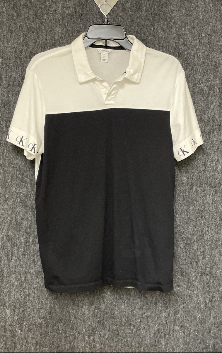 Calvin Klein Men's Black White Colorblock Polo Shirt Logo Sleeve Cuffs Sz S