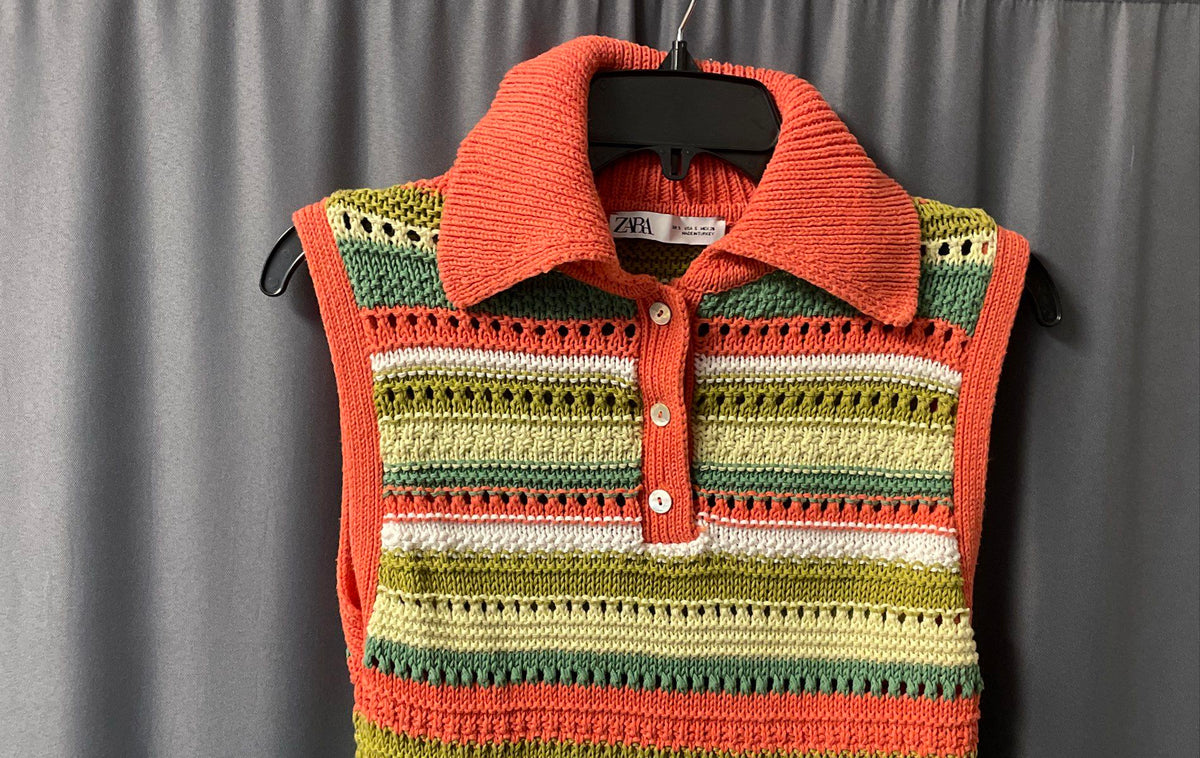 Zara Women's Orange Green White Striped Collared Knit Mini Dress Sz S